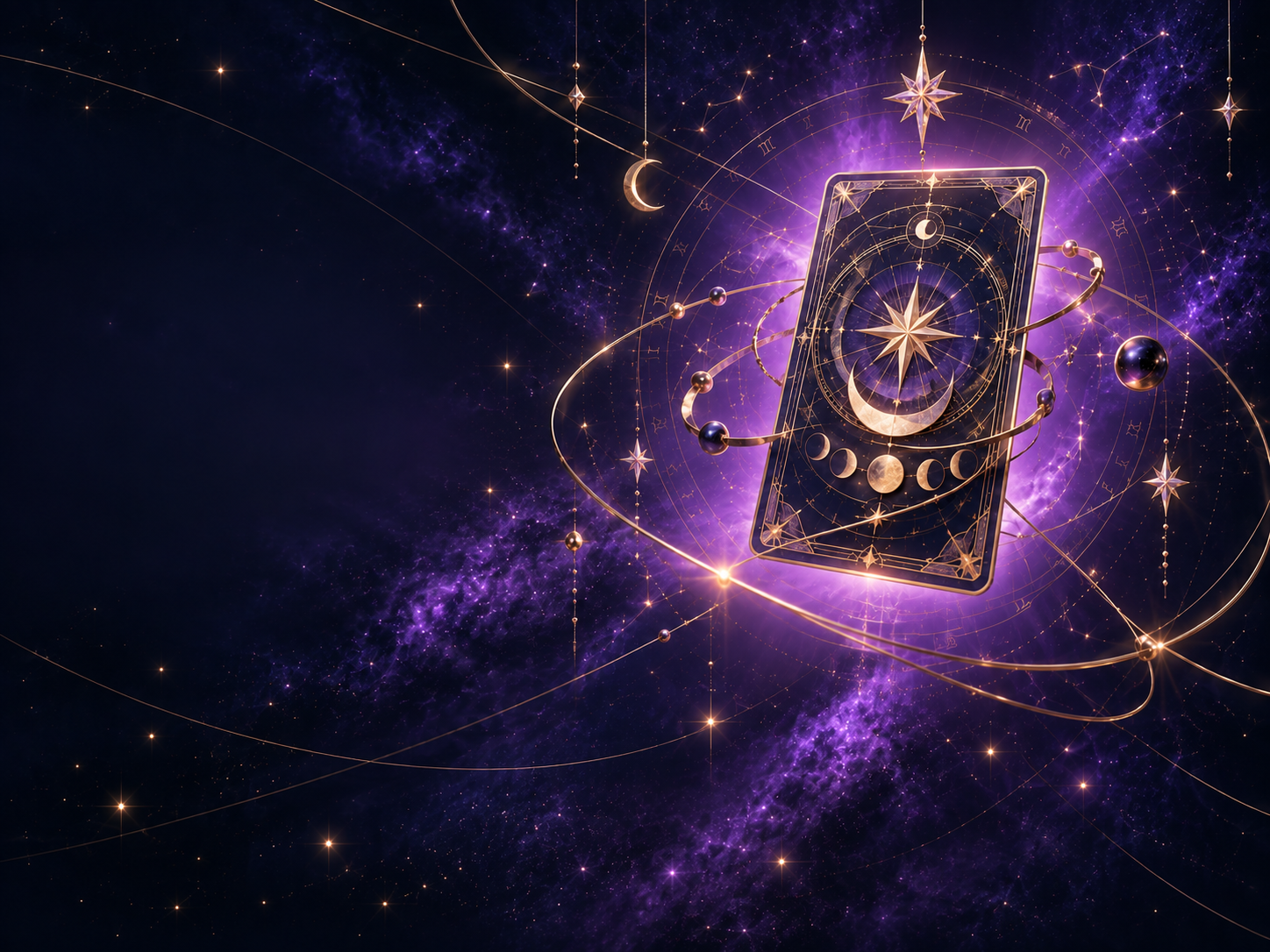 紫色星空中的金色塔羅牌與星盤